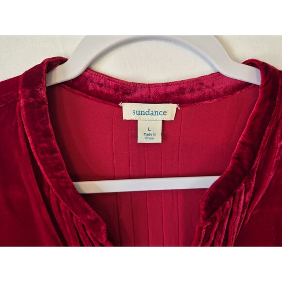 Sundance *In Deep Red* Velvet Pleated V-Neck Shift Dress Large Silk Blend - Picture 5 of 9